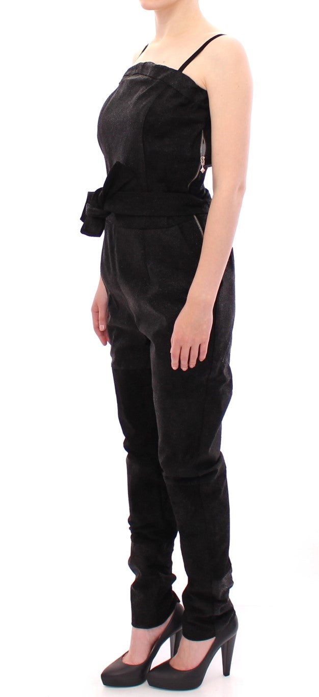 Eleganter schwarzer Leder-Jumpsuit mit Taillengurt