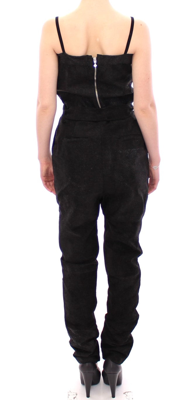 Eleganter schwarzer Leder-Jumpsuit mit Taillengurt