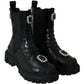 Elegant Black Leather Combat Boots with Crystal Detail