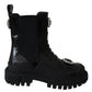 Elegant Black Leather Combat Boots with Crystal Detail