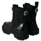 Elegant Black Leather Combat Boots with Crystal Detail