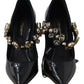 Elegant Black Leather Crystal Pumps