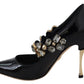 Elegant Black Leather Crystal Pumps