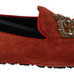 Opulent Orange Leather Loafers with Gold Embroidery