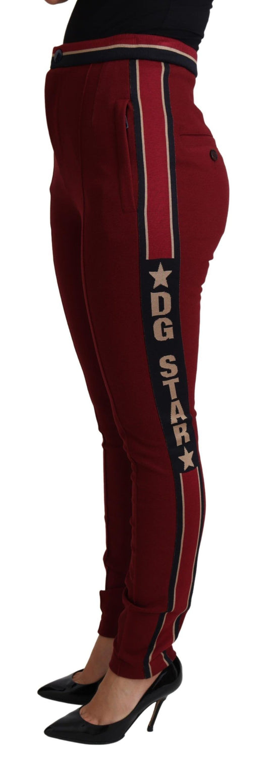 Pantaloni skinny rossi ricamati a vita alta
