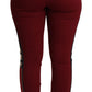 Pantaloni skinny rossi ricamati a vita alta