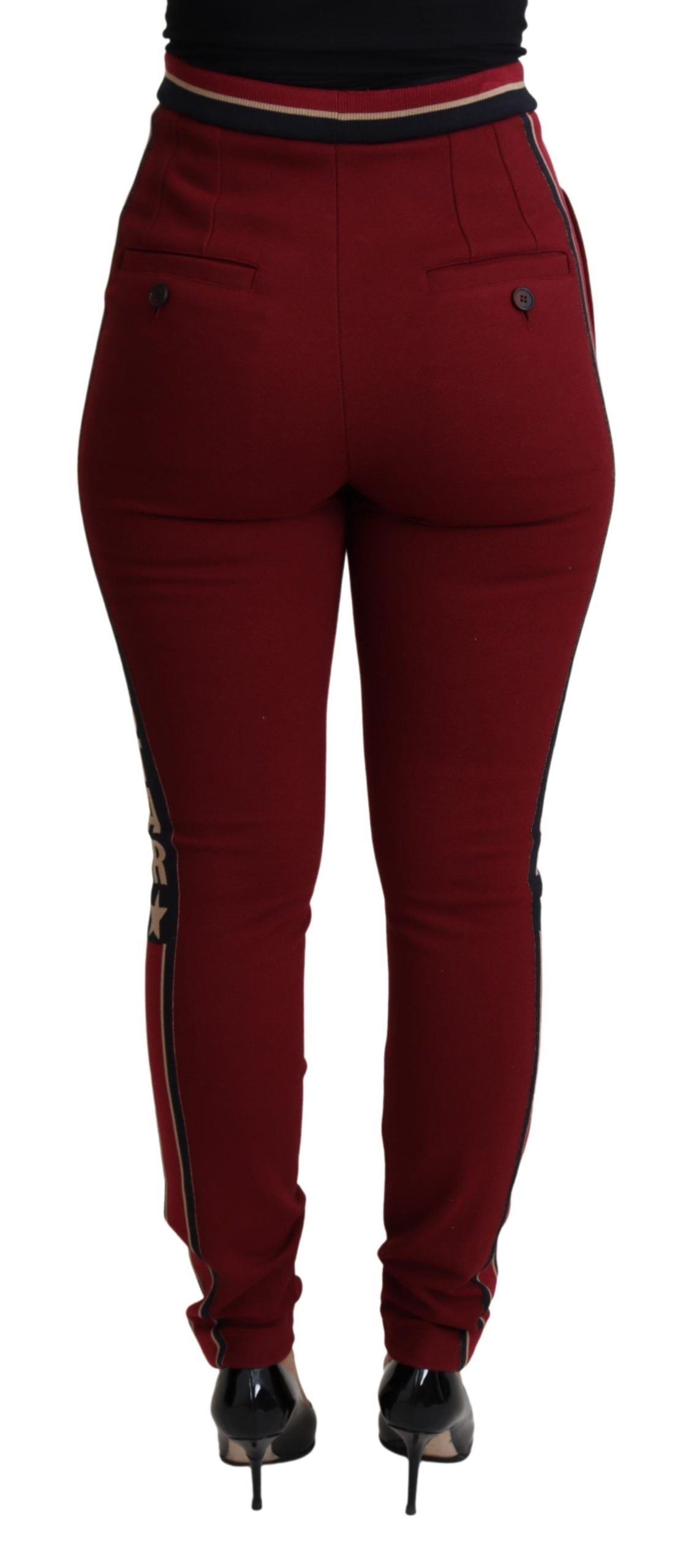 Pantaloni skinny rossi ricamati a vita alta