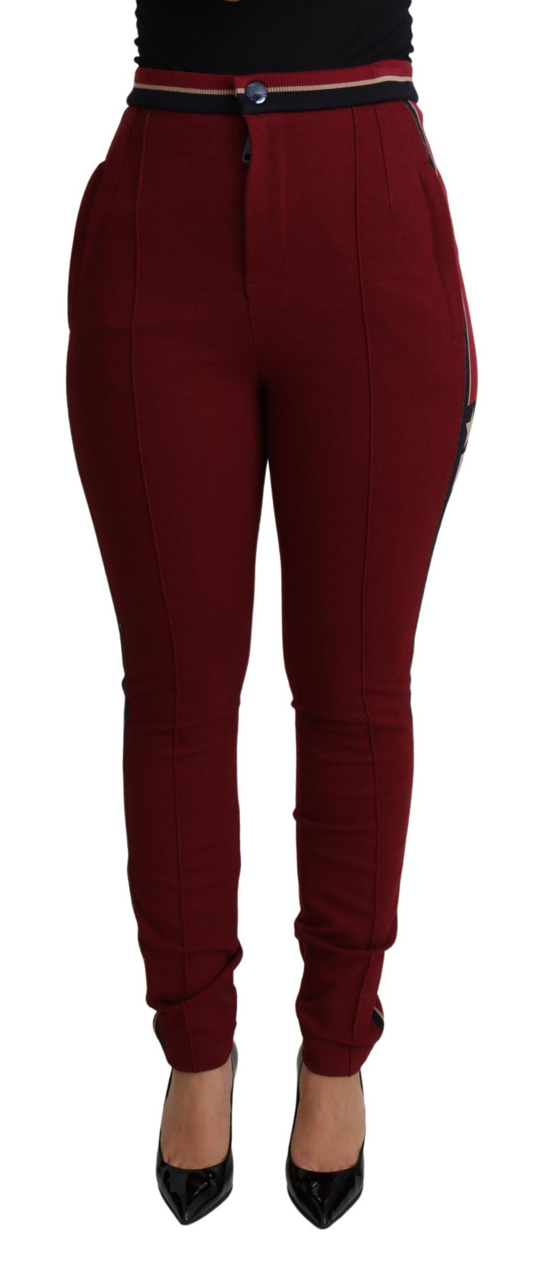 Pantaloni skinny rossi ricamati a vita alta
