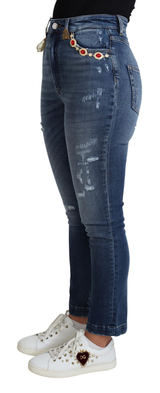 Jeans skinny in denim a vita alta con decorazioni