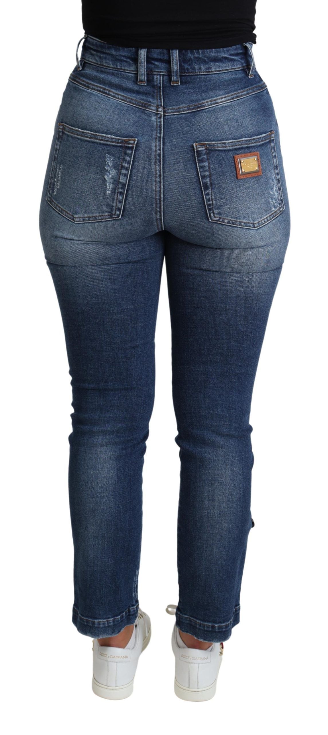 Jeans skinny in denim a vita alta con decorazioni