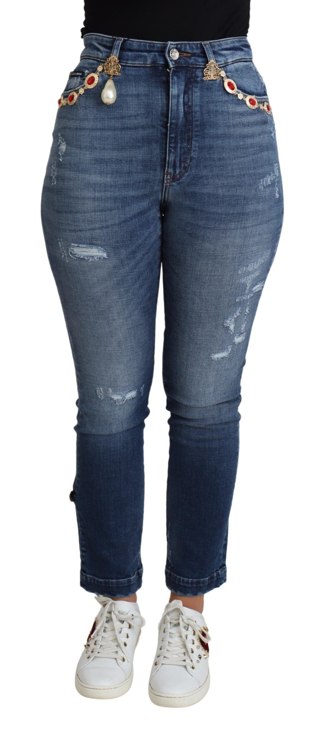 Jeans skinny in denim a vita alta con decorazioni