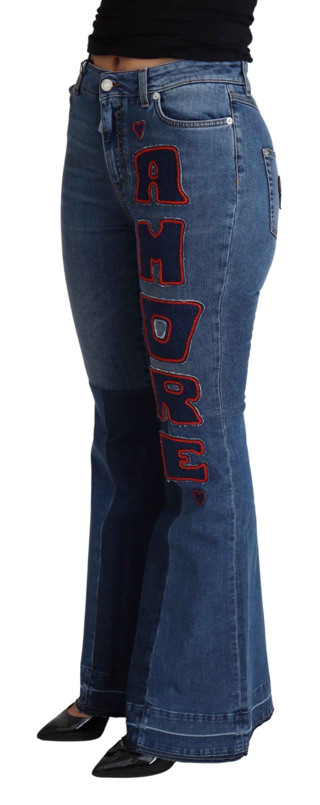 Eleganti jeans bootcut in denim con toppa Amore
