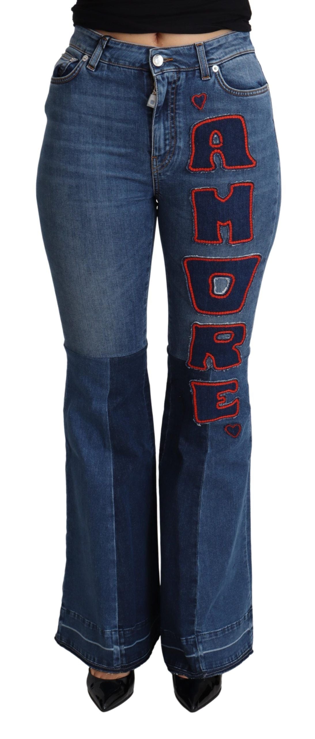 Eleganti jeans bootcut in denim con toppa Amore