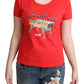 Chic Red Cotton Tee with Playful Print