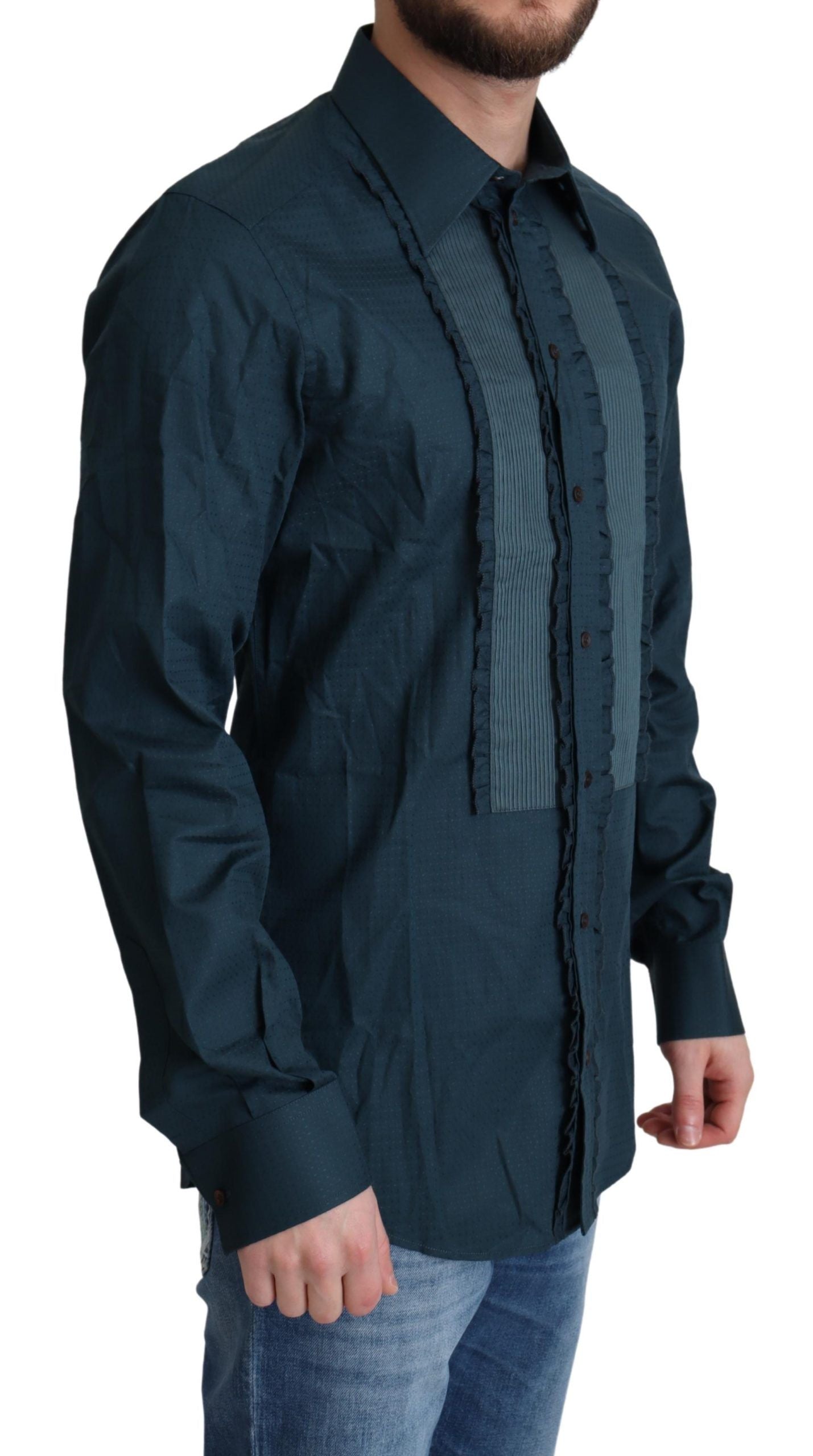 Elegante camicia da smoking blu con volant