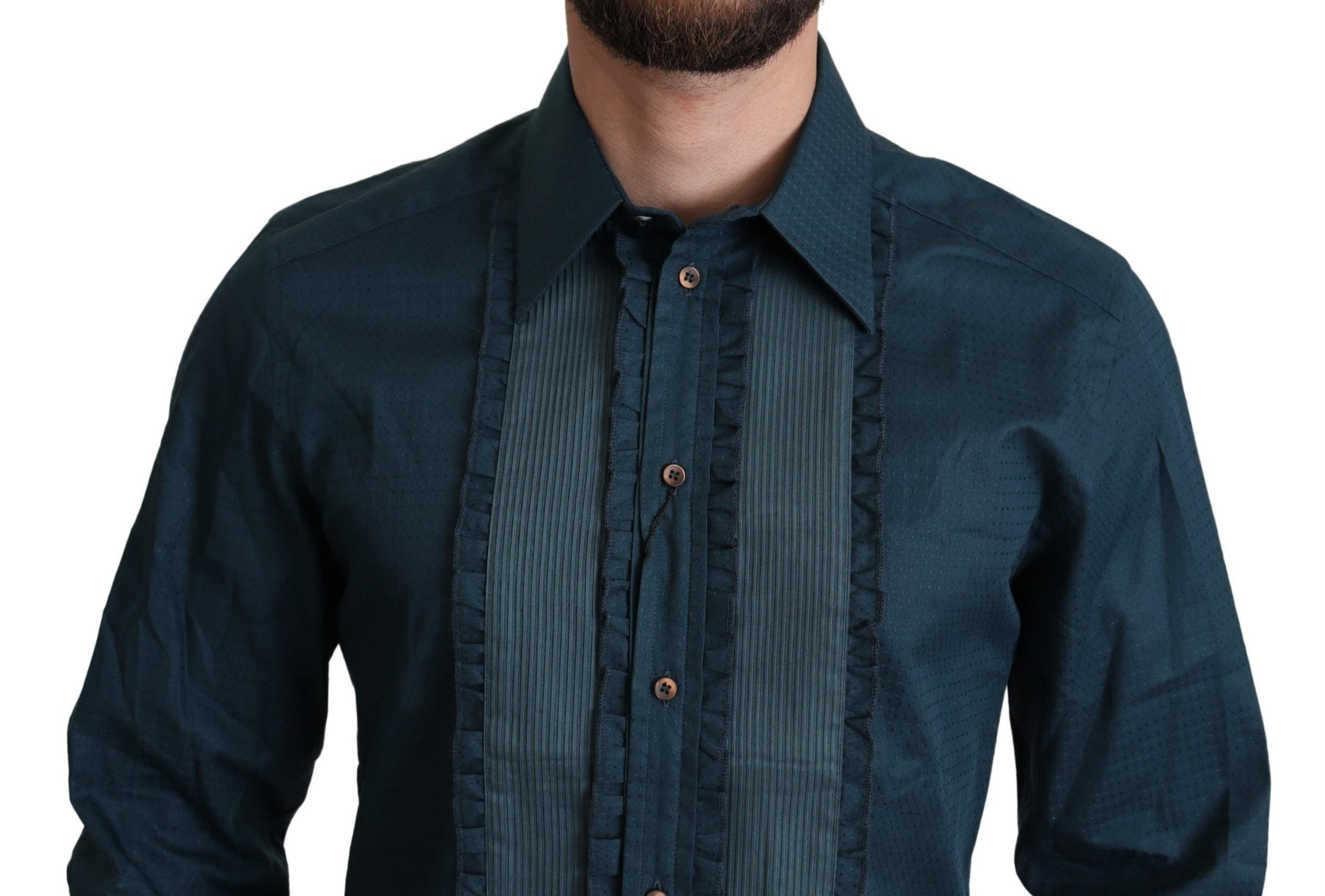 Elegante camicia da smoking blu con volant