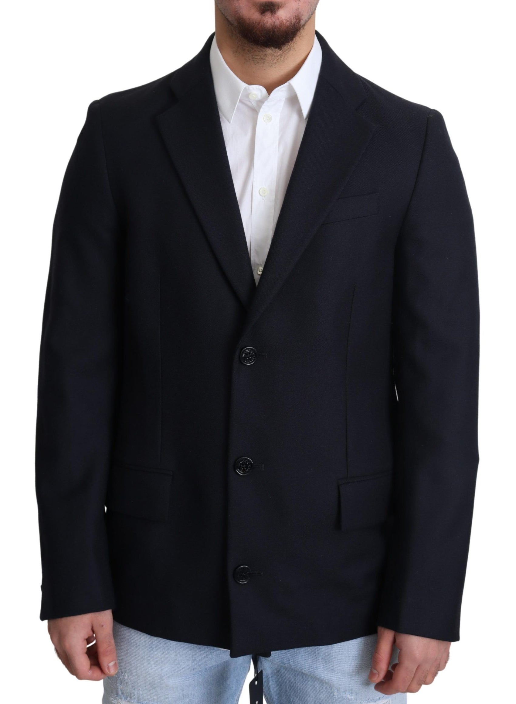 Elegant Dark Blue Virgin Wool Men's Coat