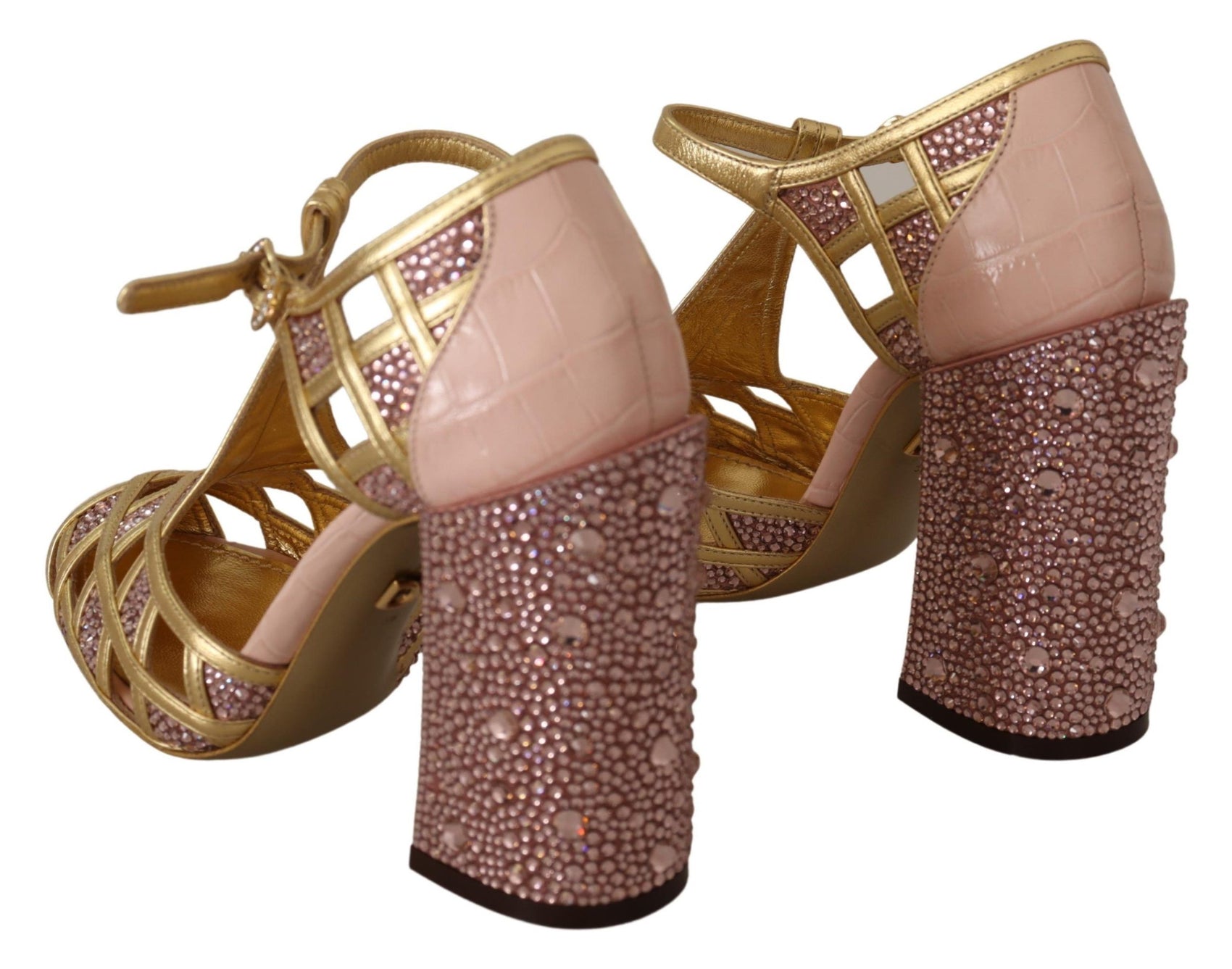 Seidendurchwirkte Lederpumps mit Kristallen in Roségold