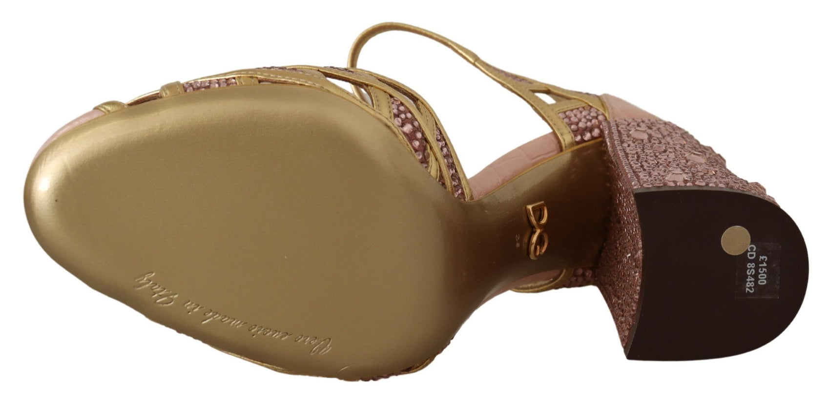 Seidendurchwirkte Lederpumps mit Kristallen in Roségold