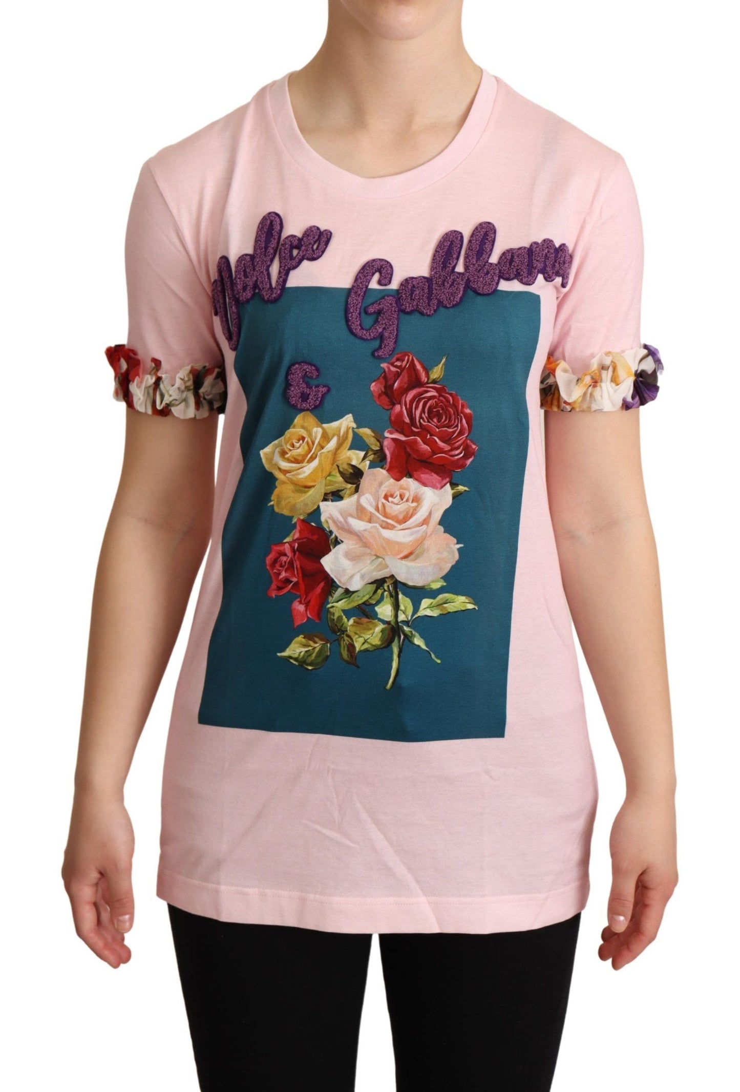 T-shirt elegante con applicazione floreale di rose