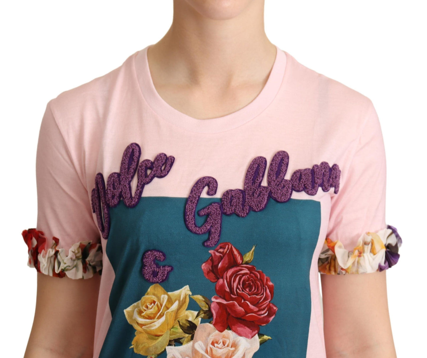 T-shirt elegante con applicazione floreale di rose