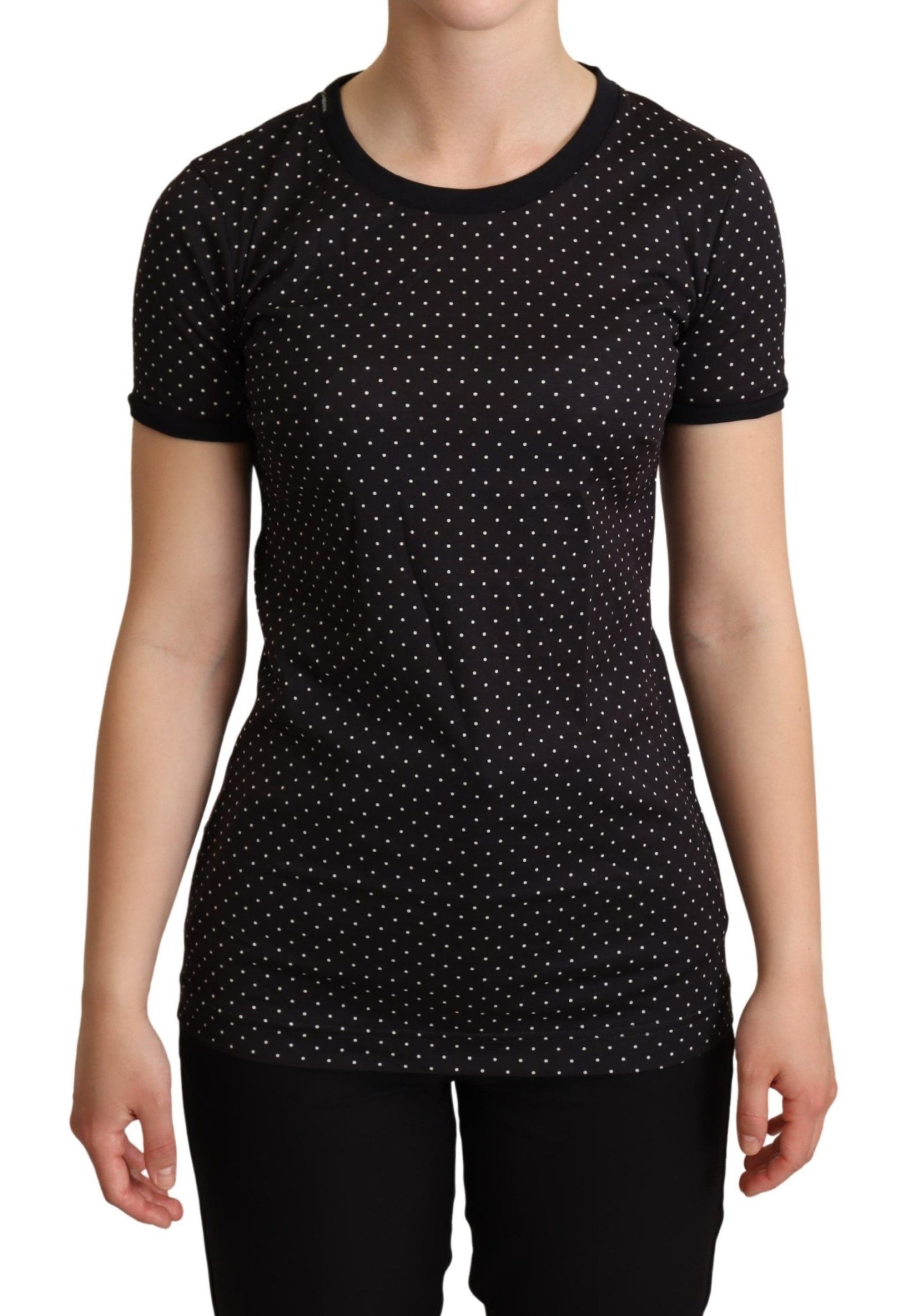 Maglia girocollo a maniche corte nera a pois