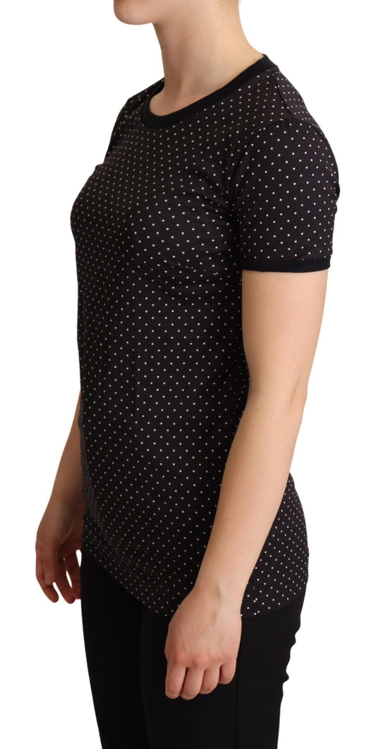 Maglia girocollo a maniche corte nera a pois