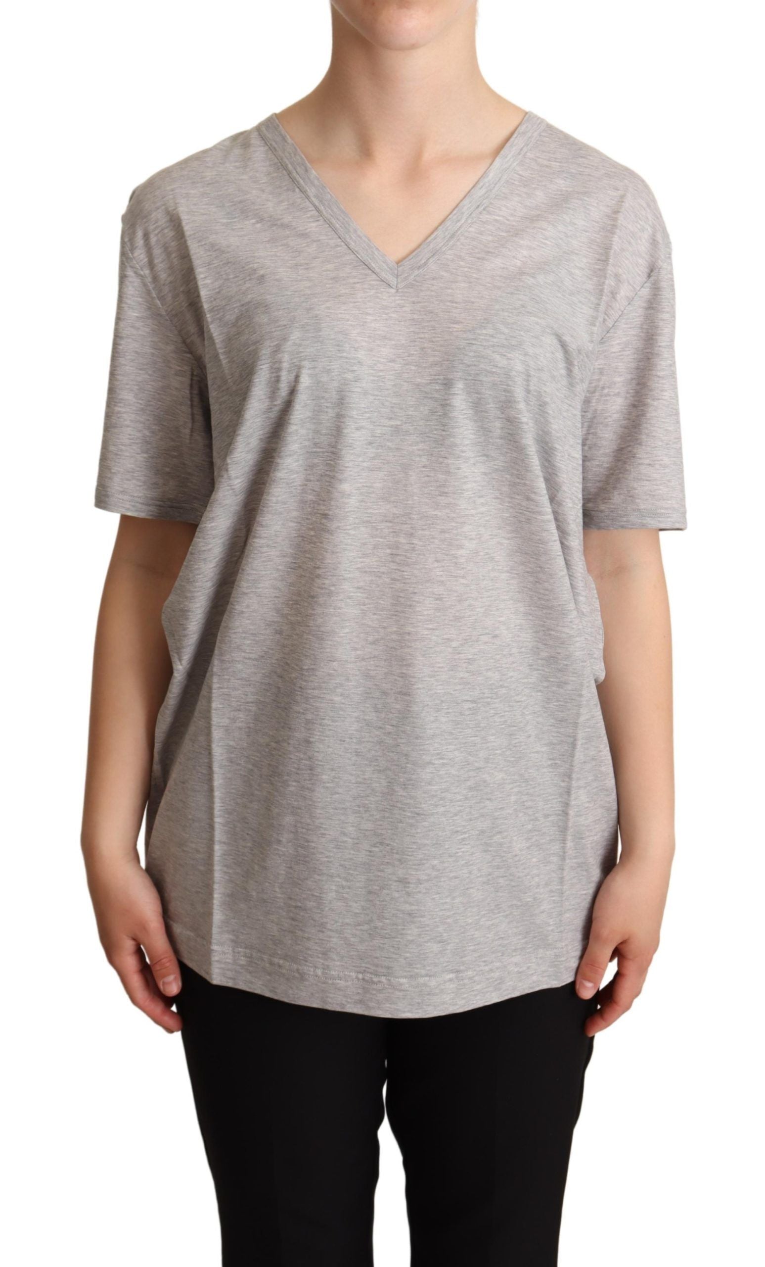 Elegante maglietta in cotone con scollo a V grigio