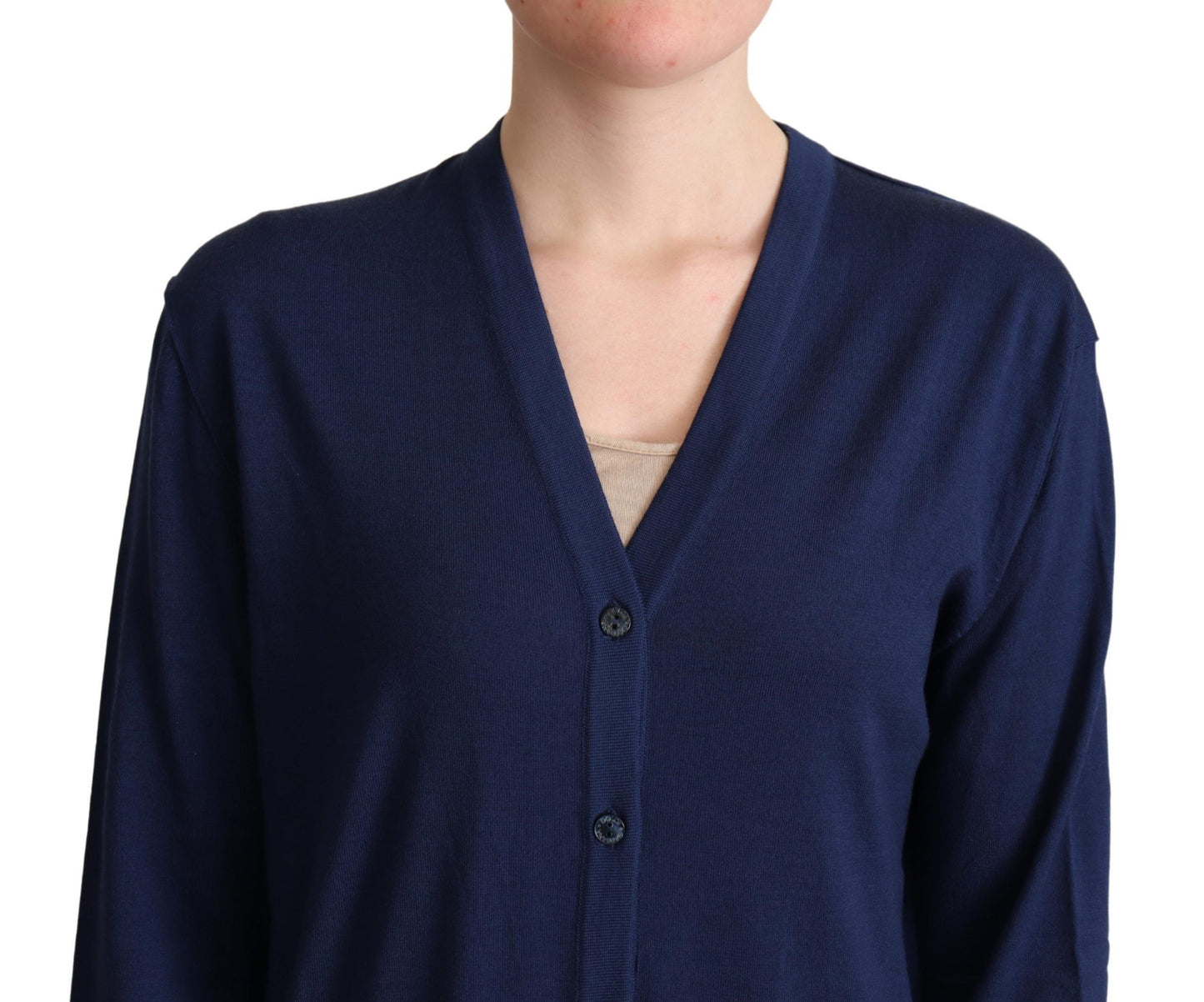 Elegante blaue Strickjacke aus Schurwolle