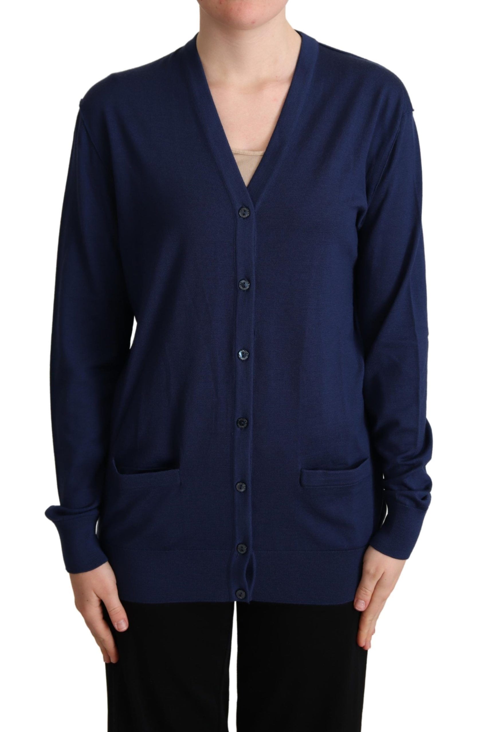 Elegante blaue Strickjacke aus Schurwolle