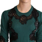 Eleganter grüner Pullover mit schwarzem Spitzendetail