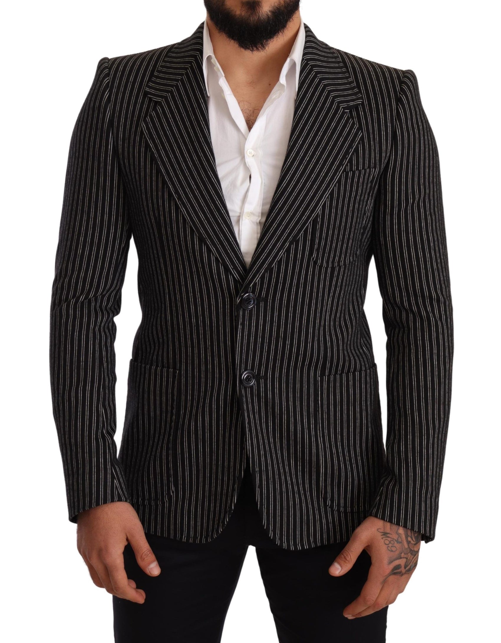 Elegant Black Striped Virgin Wool Blazer