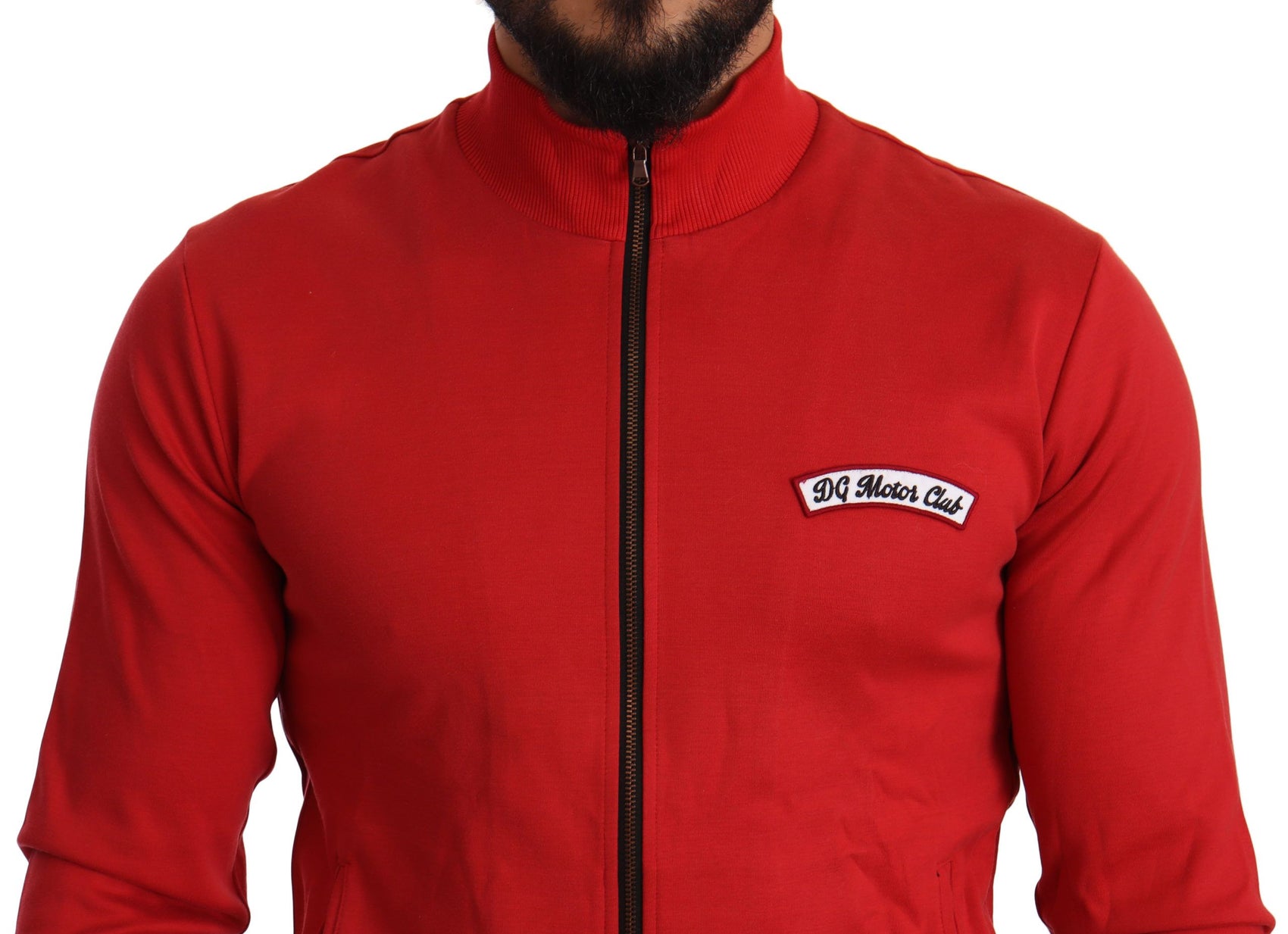 Eleganter roter Pullover mit durchgehendem Reißverschluss und DG Motor Club-Motiv