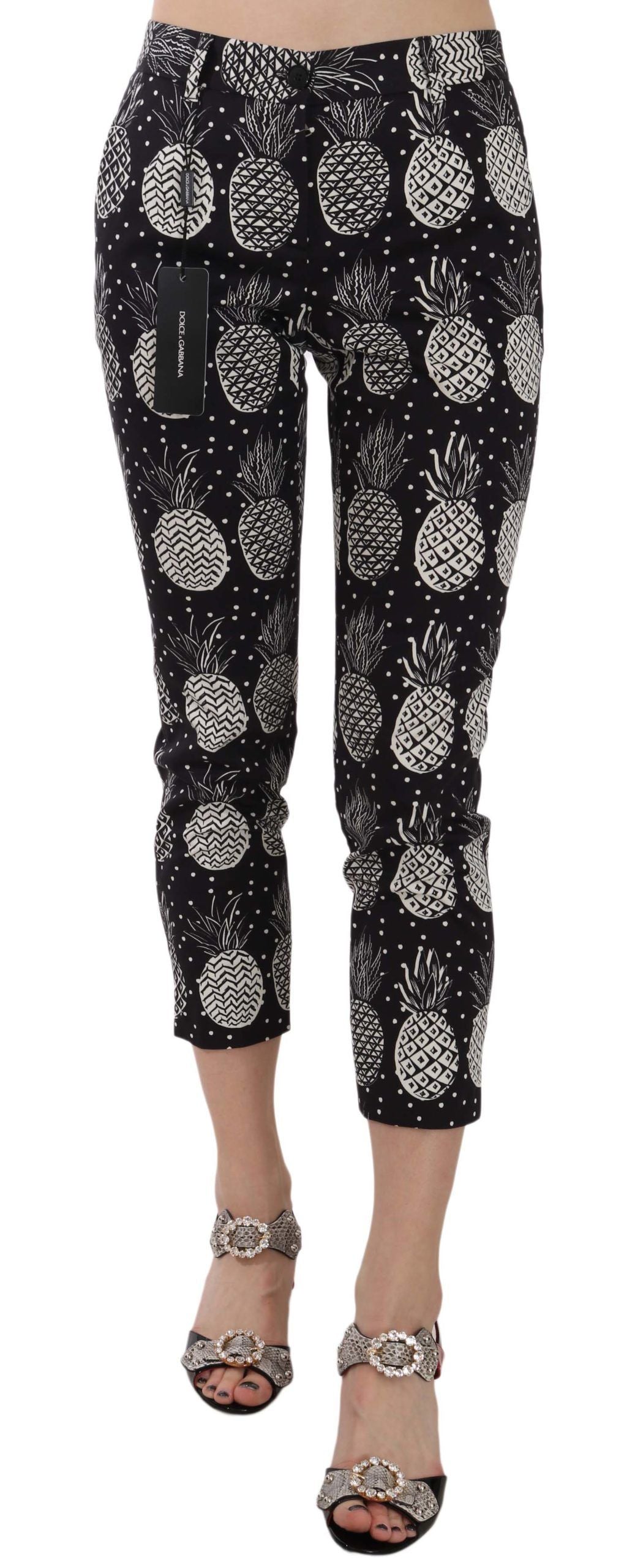 Pantaloni Capri aderenti con stampa ananas nera chic