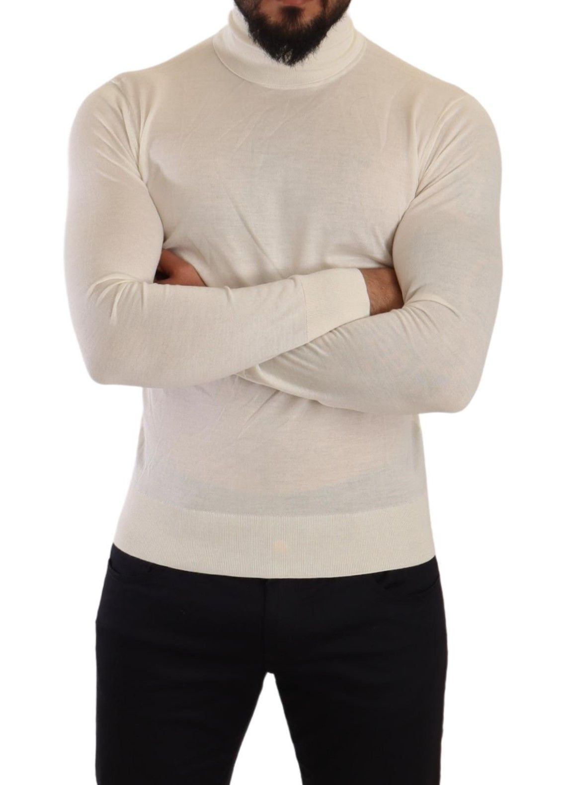 Elfenbeinfarbener Rollkragenpullover aus Kaschmir-Seidenmischung