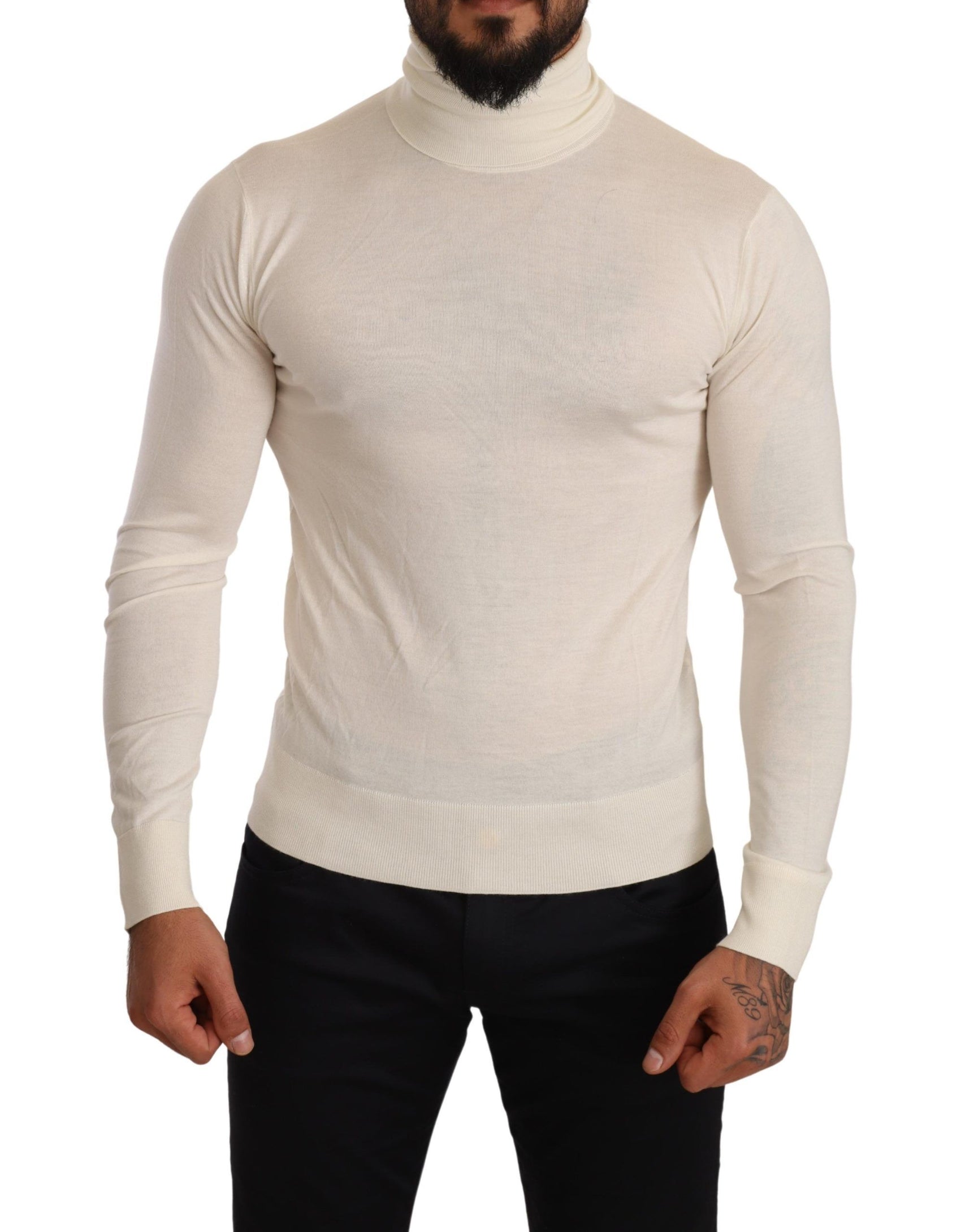 Elfenbeinfarbener Rollkragenpullover aus Kaschmir-Seidenmischung
