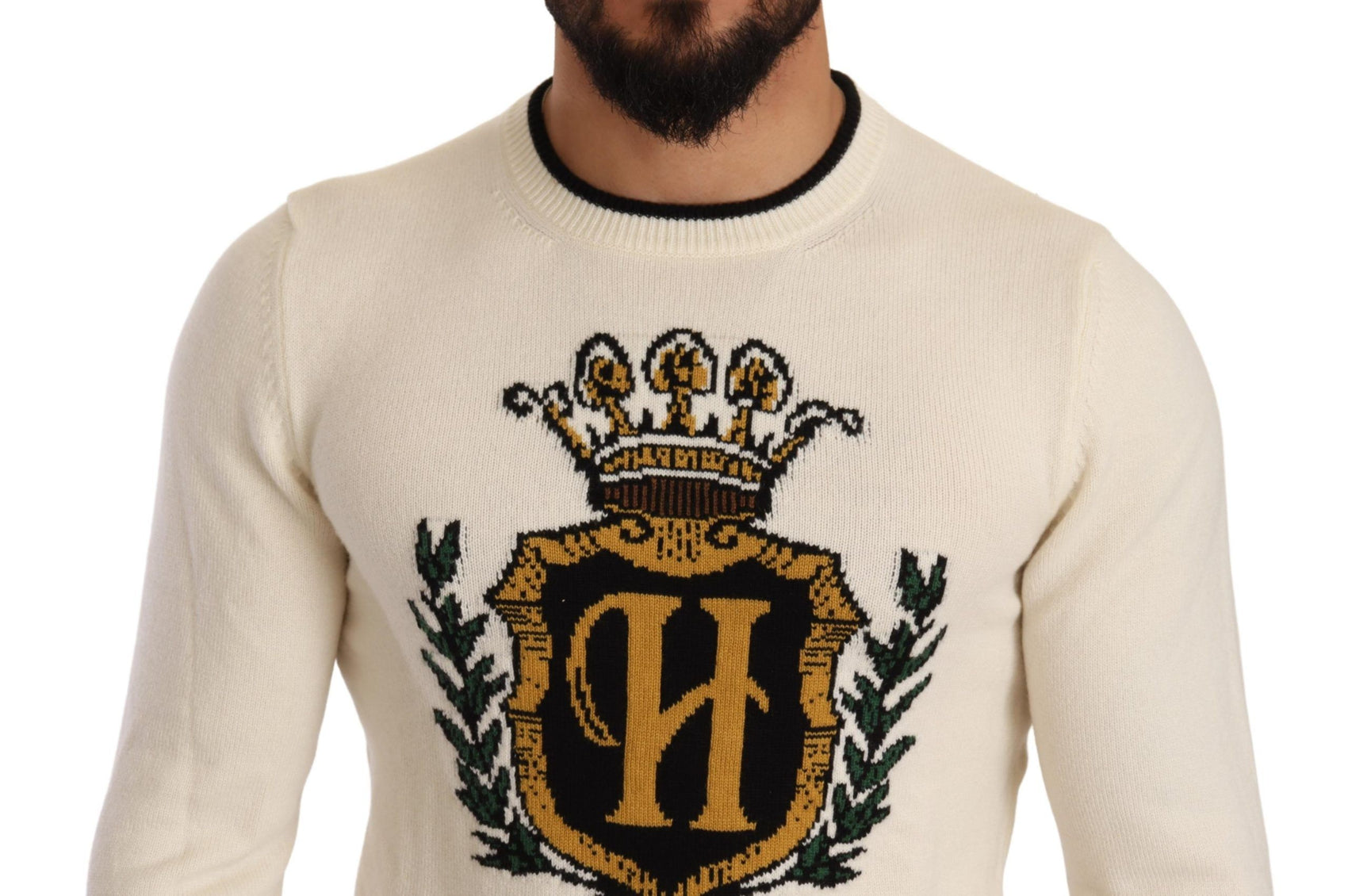 Elegante maglione in cashmere araldico bianco neve