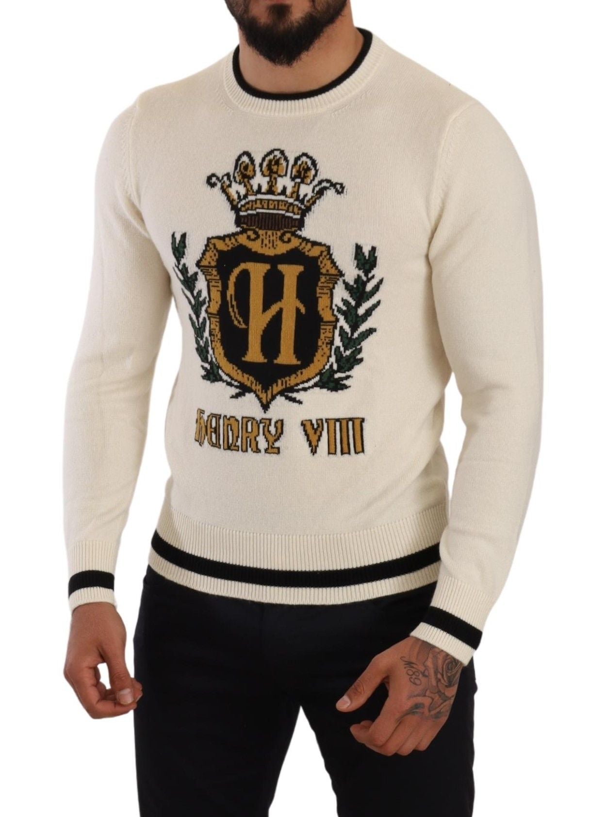 Elegante maglione in cashmere araldico bianco neve