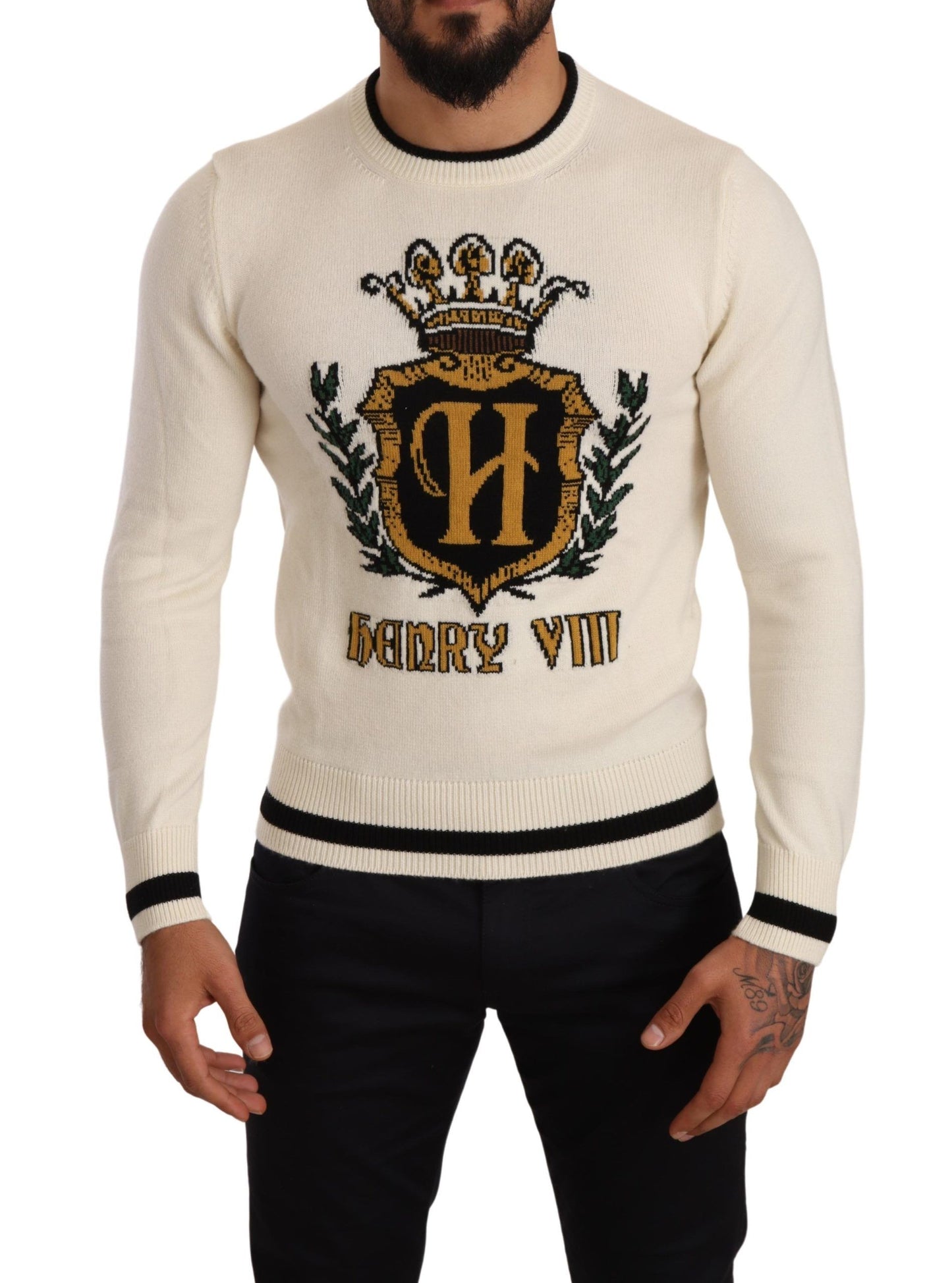 Eleganter schneeweißer heraldischer Kaschmirpullover