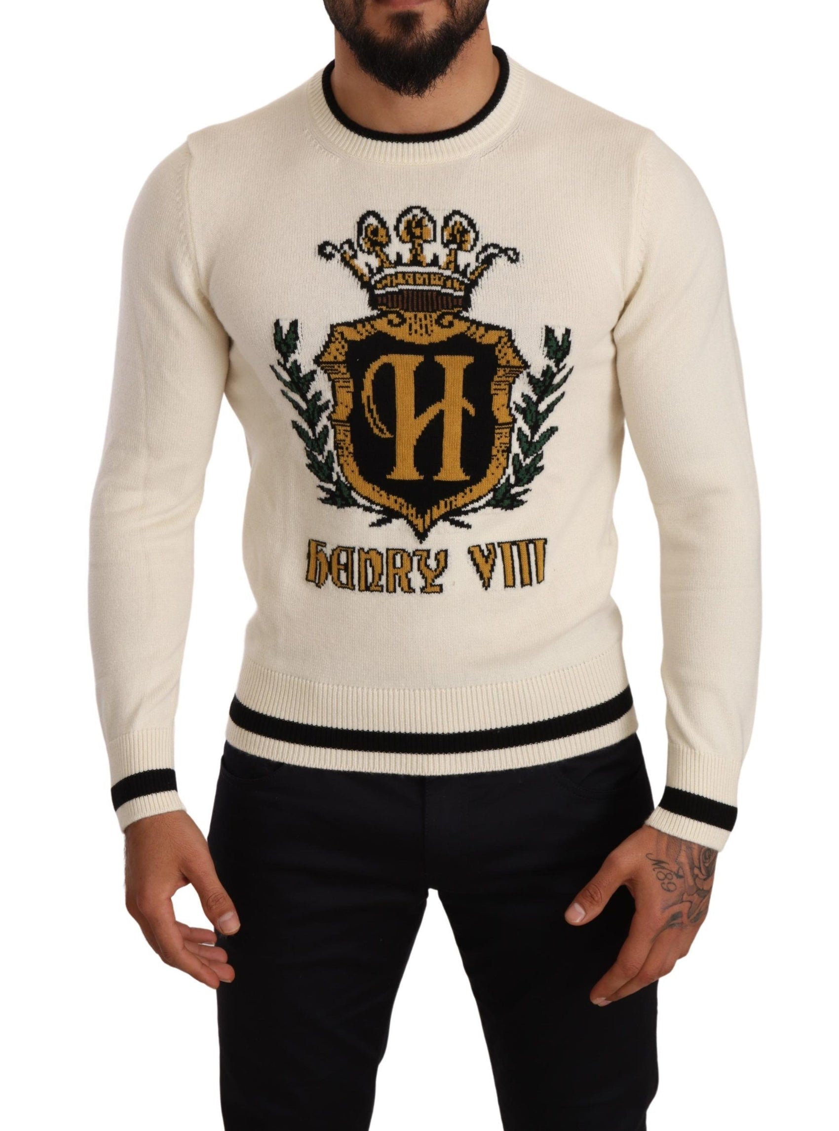 Elegante maglione in cashmere araldico bianco neve