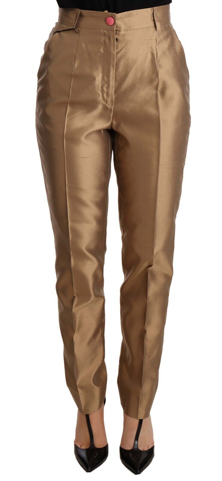 Eleganti pantaloni affusolati in seta color oro