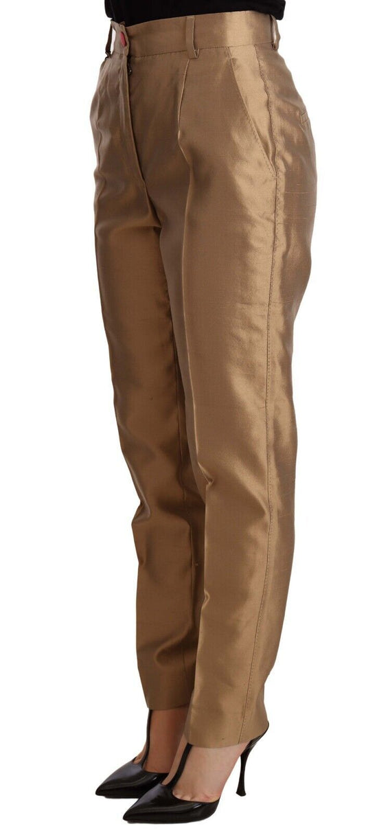 Eleganti pantaloni affusolati in seta color oro