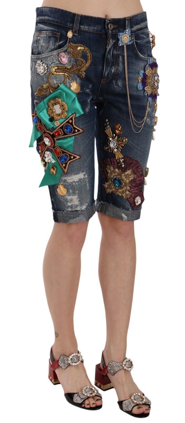 Elegante knielange, verzierte Jeansshorts