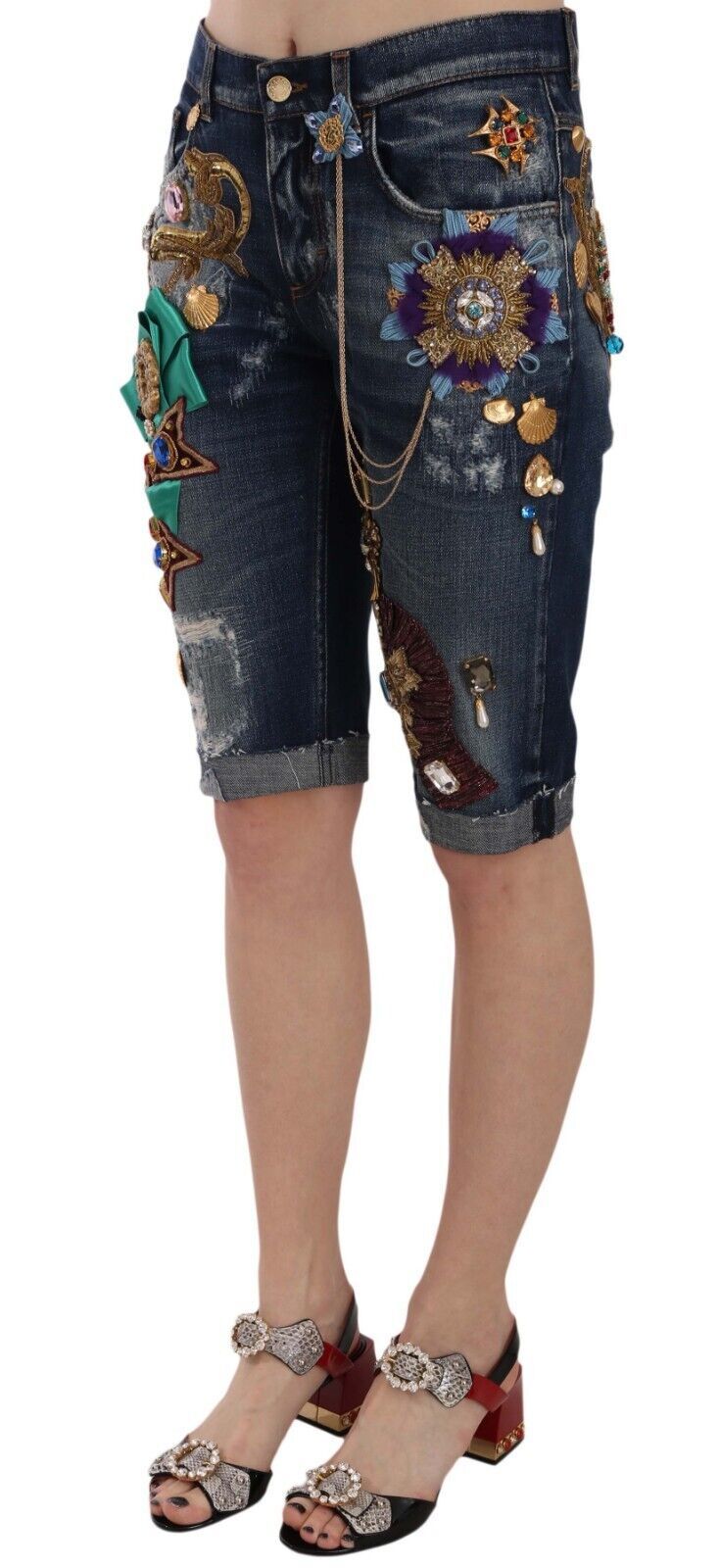 Elegante knielange, verzierte Jeansshorts