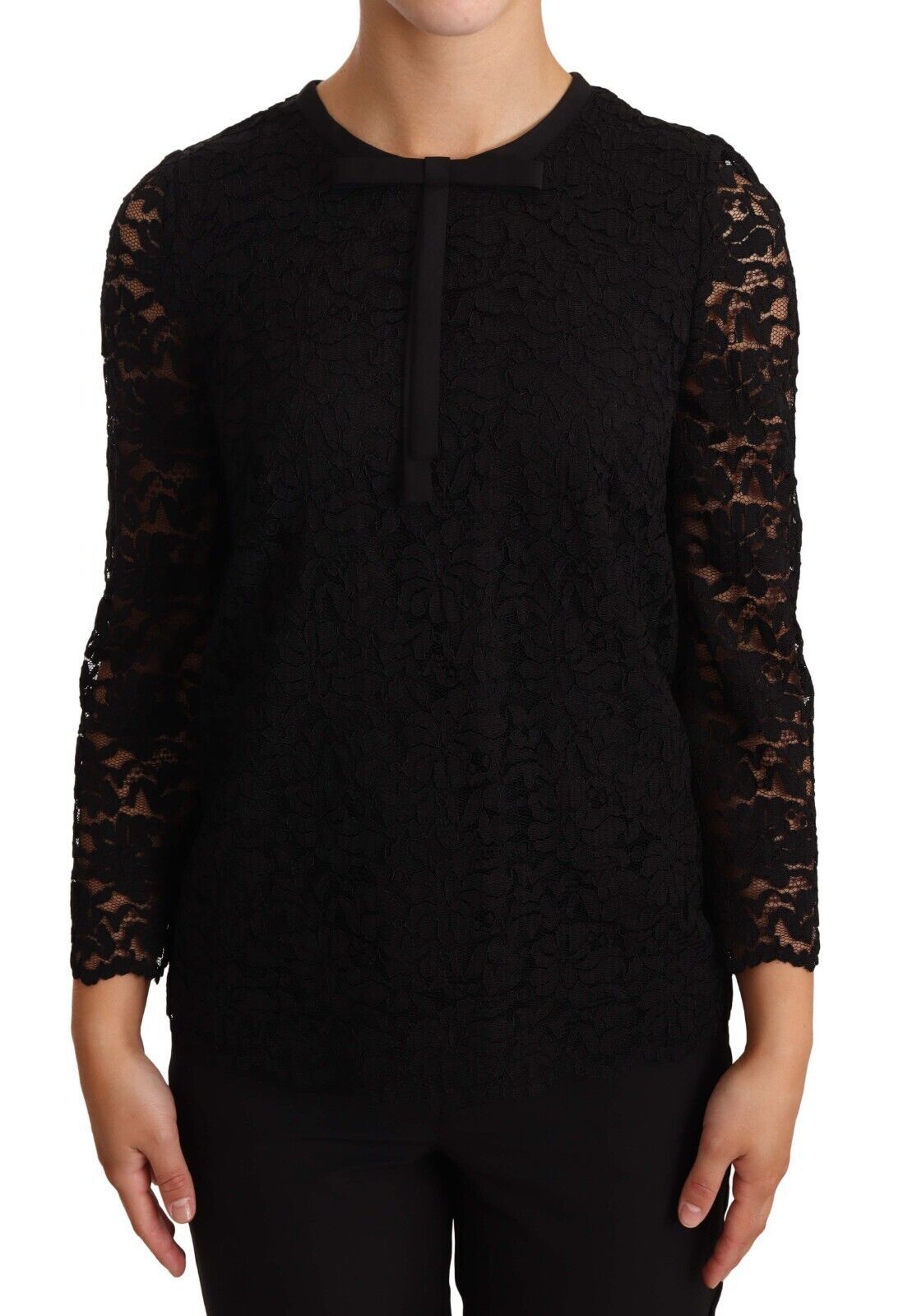 Elegante top a maniche lunghe in pizzo floreale nero