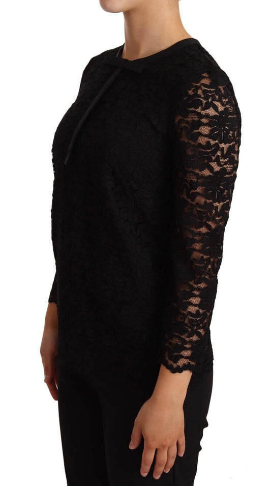 Elegante top a maniche lunghe in pizzo floreale nero
