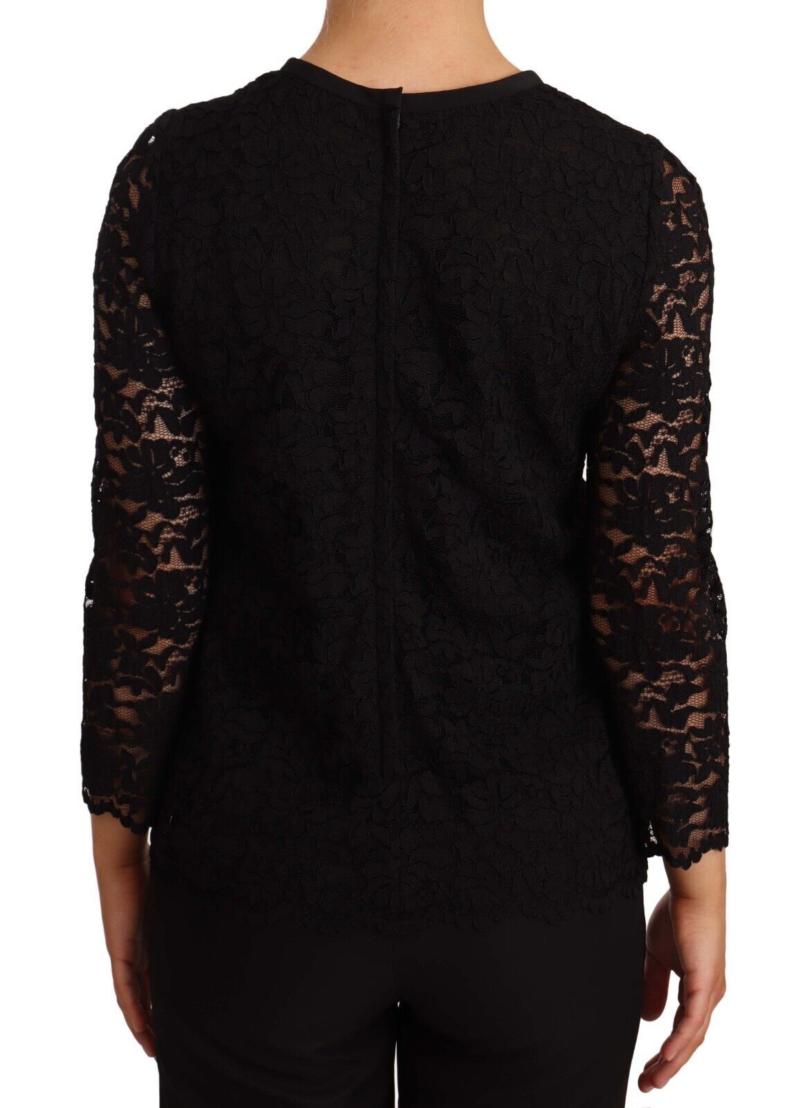 Elegante top a maniche lunghe in pizzo floreale nero