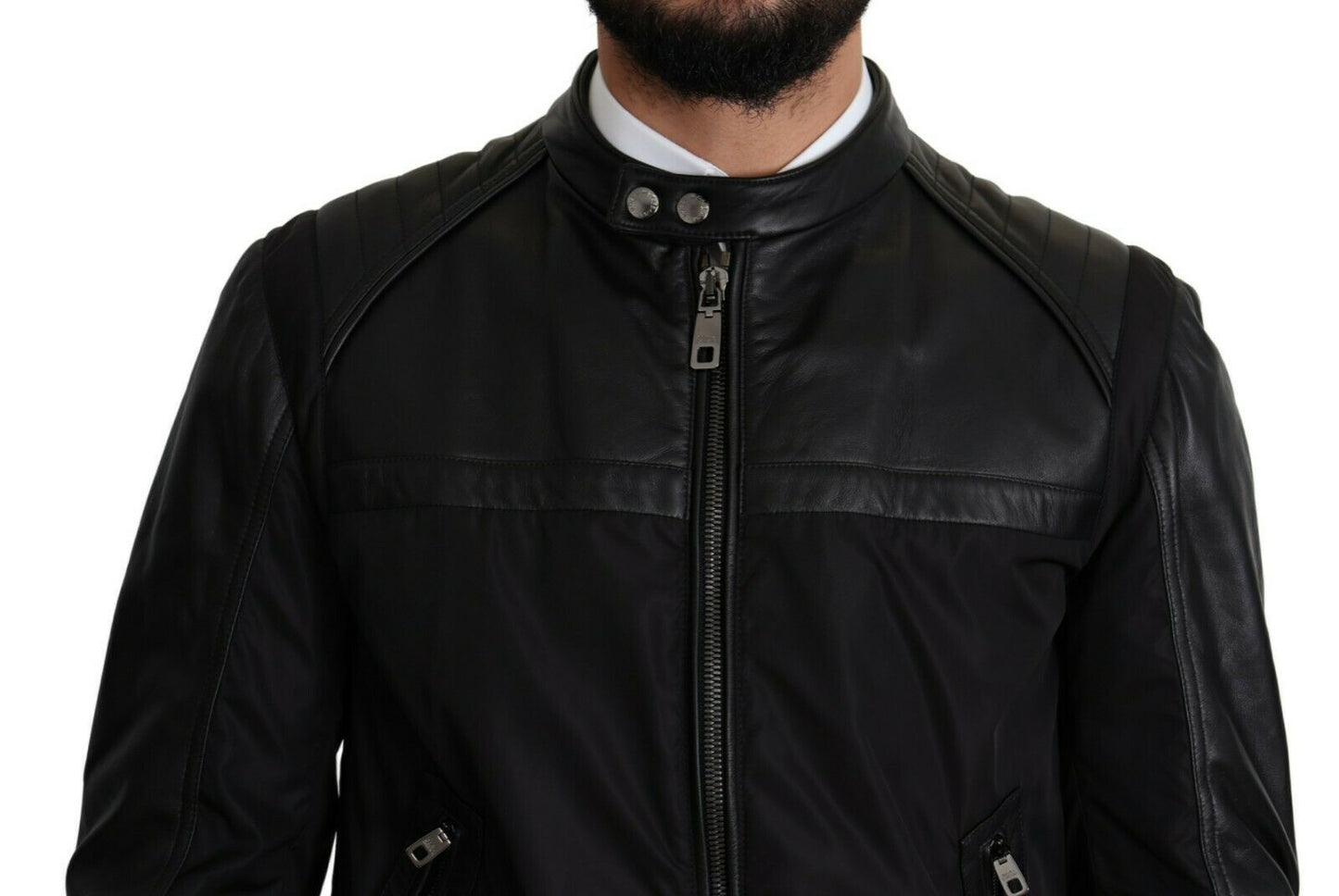 Elegant Black Bomber with Leather Accents