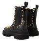 Studded Leather Combat Boots with Embroidery