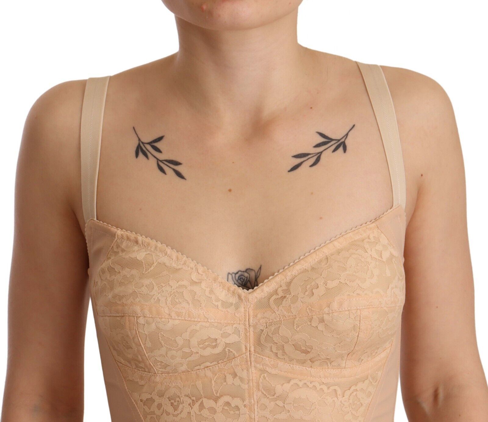 Beigefarbener Stretch-Body mit Spitzeneinsatz
